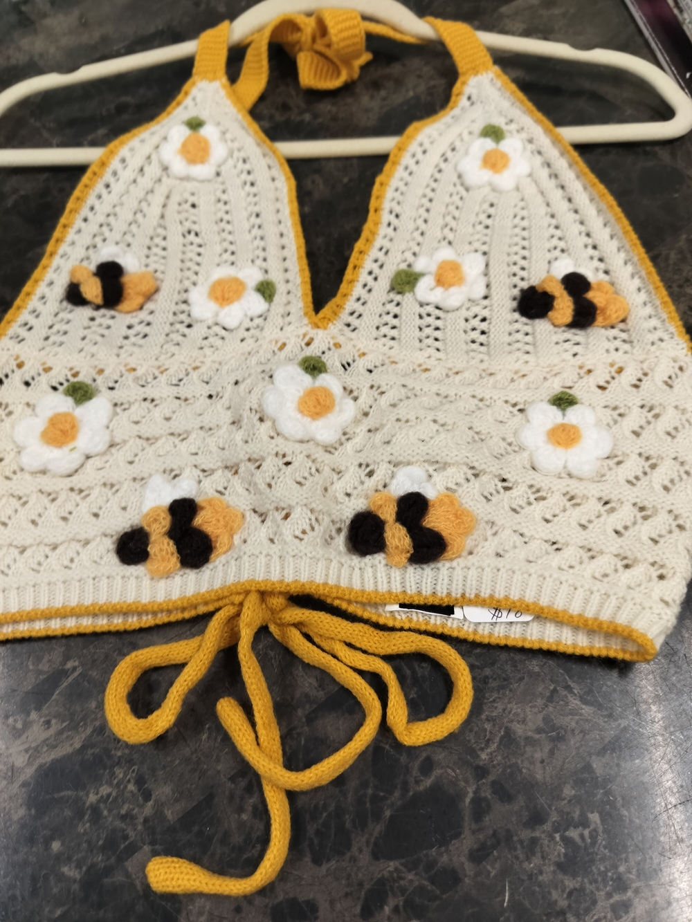 Handmade Crochet Halter Top with Bees & Flowers - Cream & Mustard - Picture 2 of 9